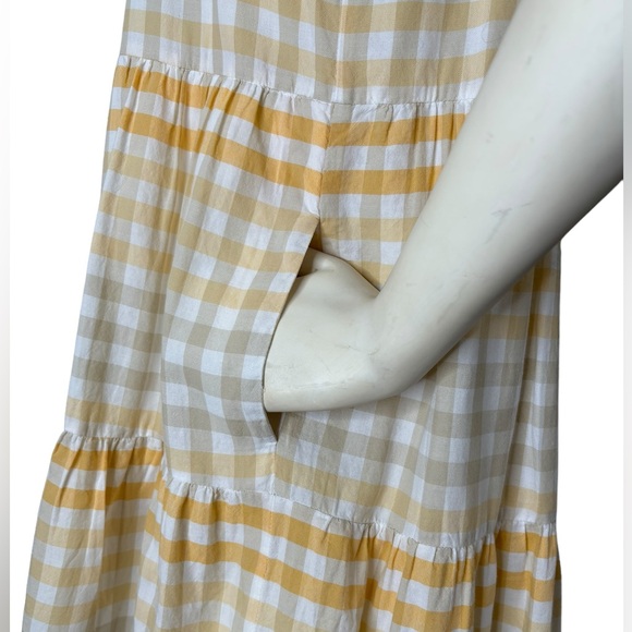 MADEWELL Yellow, White & Gray Plaid Button Down Sleeveless Tiered Ruffle Dress,M - Picture 12 of 16